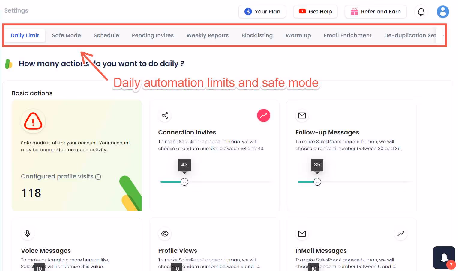 SalesRobot daily automation limits and safe mode settings.