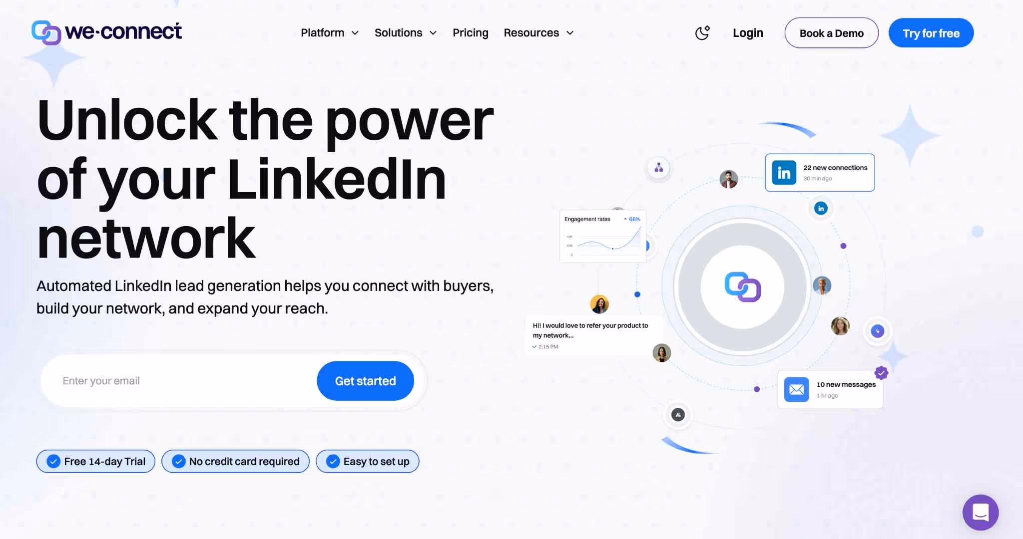 Website screenshot of We Connect, a LinkedIn automation tool.