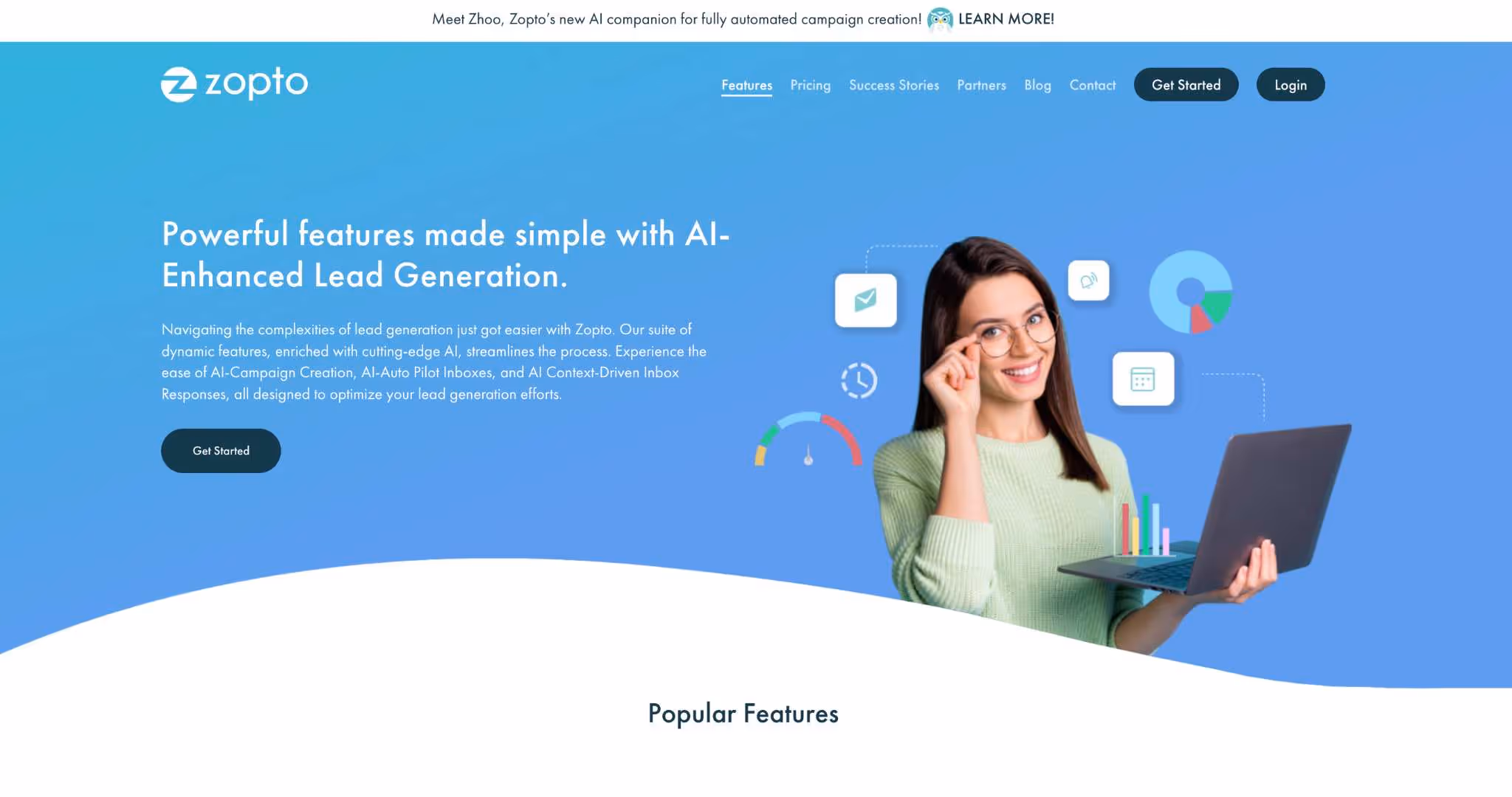 Zopoto website screenshot showcasing AI-enhanced lead generation.