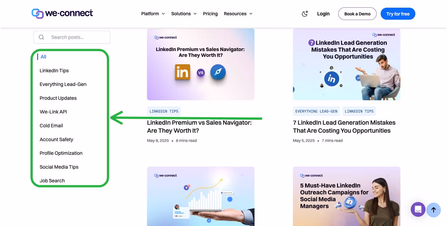 Screenshot of we-connect blog page with various articles on LinkedIn tips, lead generation, and more.