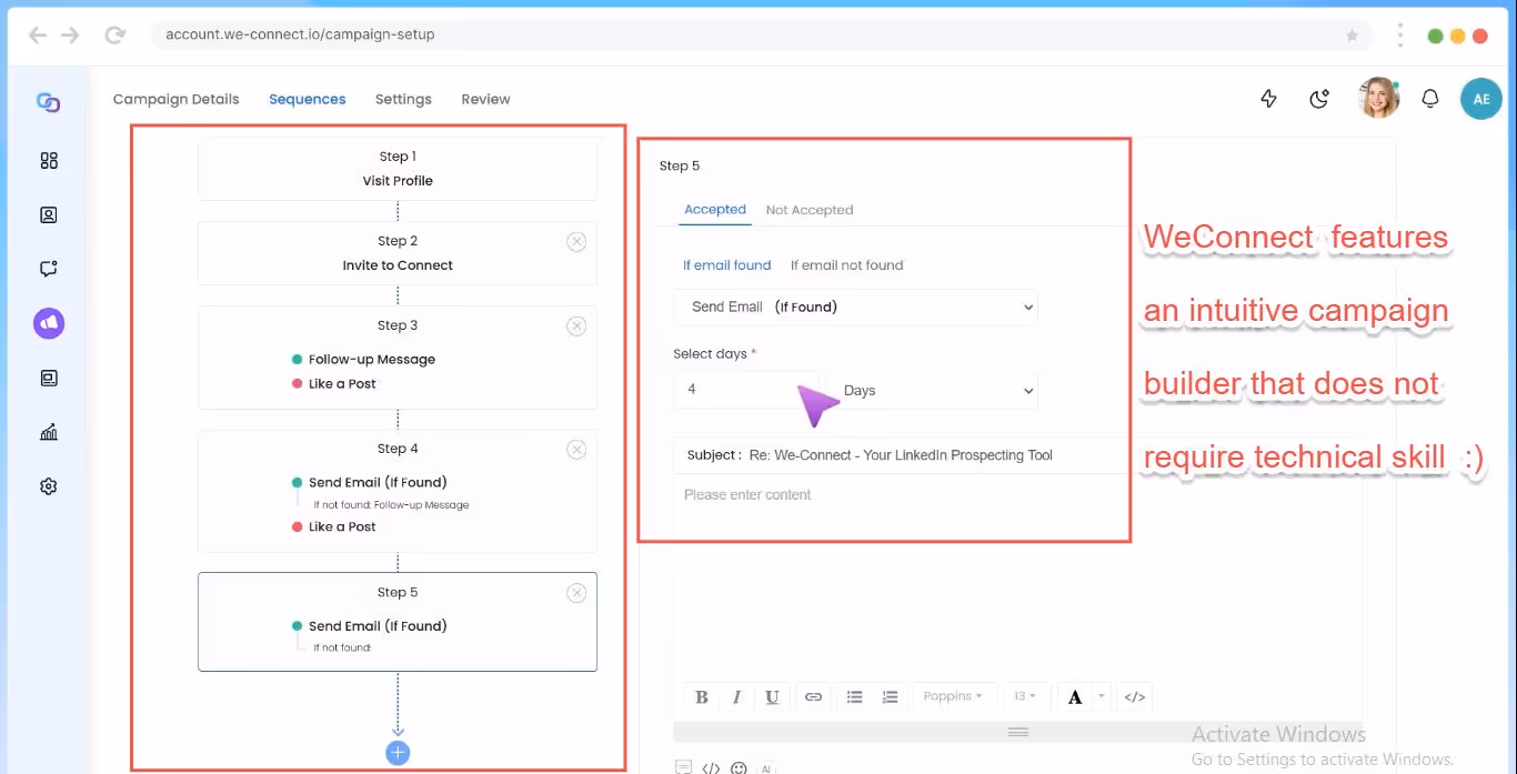 WeConnect's intuitive campaign builder, enabling the creation of LinkedIn outreach sequences without technical expertise.