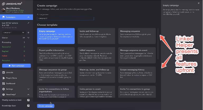 Linked Helper presents all features upfront.
