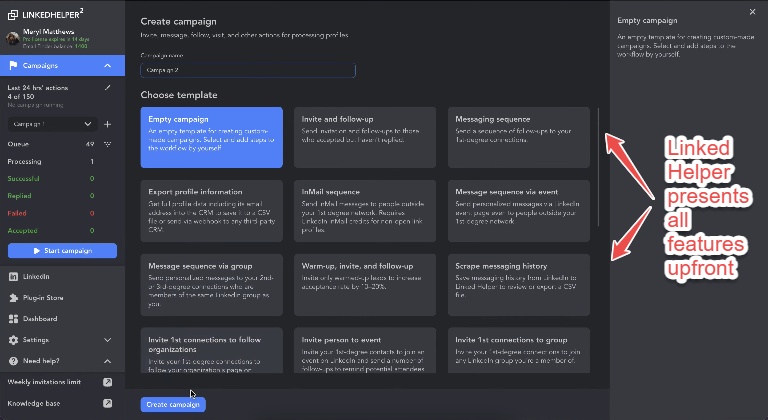 LinkedIn Helper campaign creation interface showing various templates and options.