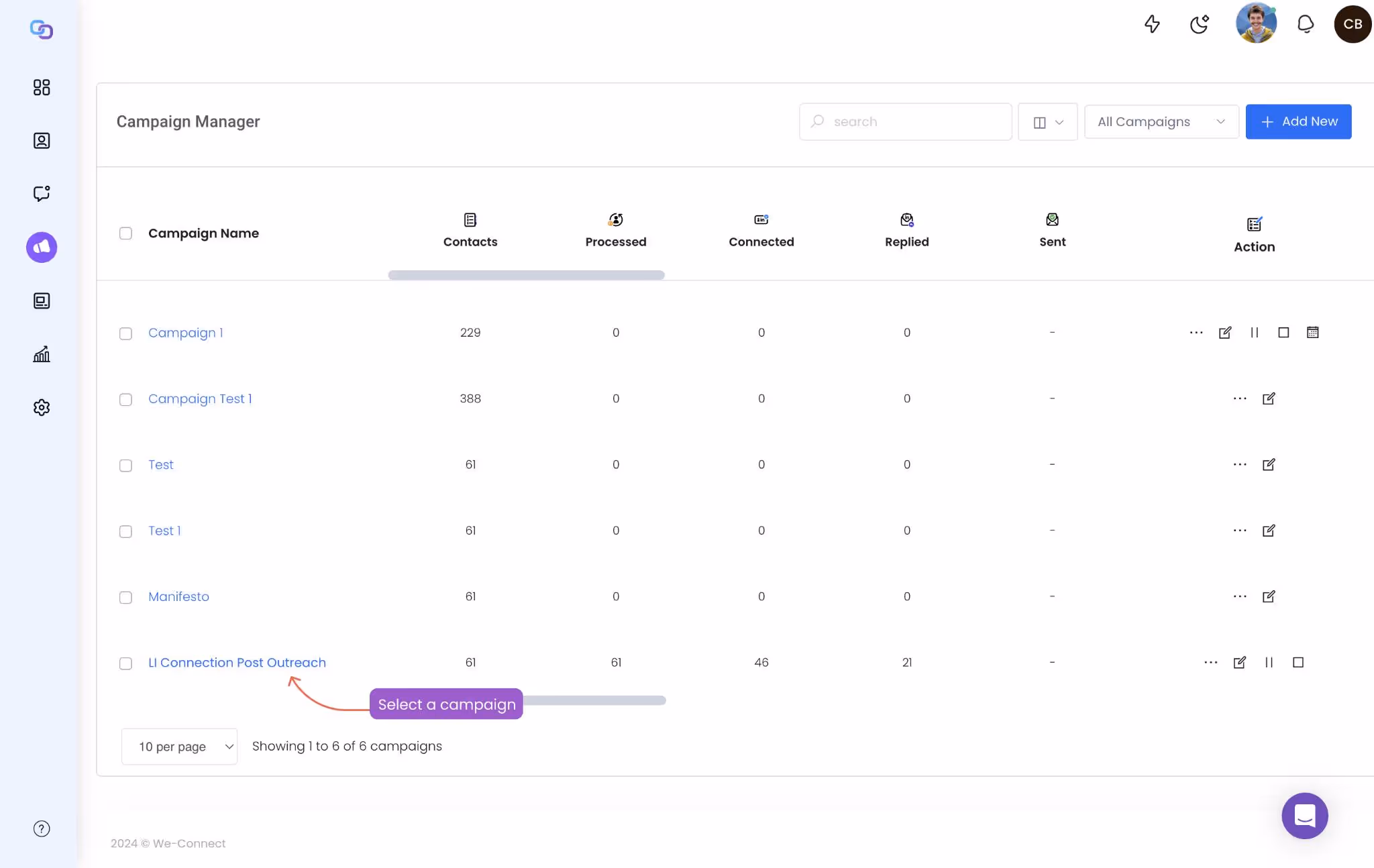WeConnect campaign manager interface showing various campaigns and their statuses.
