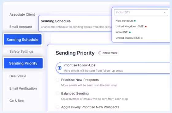 Screenshot of email settings, showing options for sending schedule, priority, and timezone.