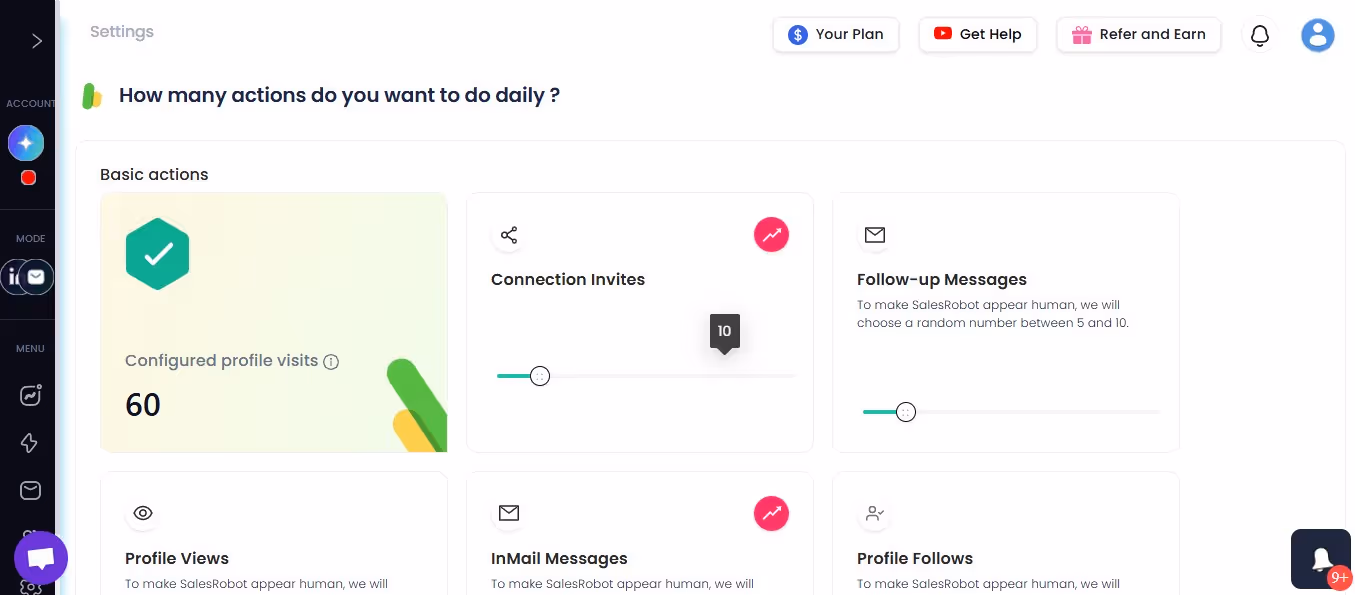 SalesRobot settings for daily actions.