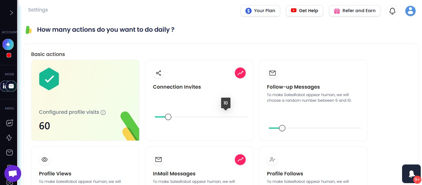 SalesRobot settings for daily actions.