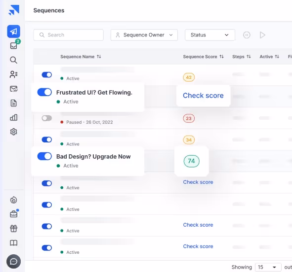 Dashboard showing email sequences and scores.