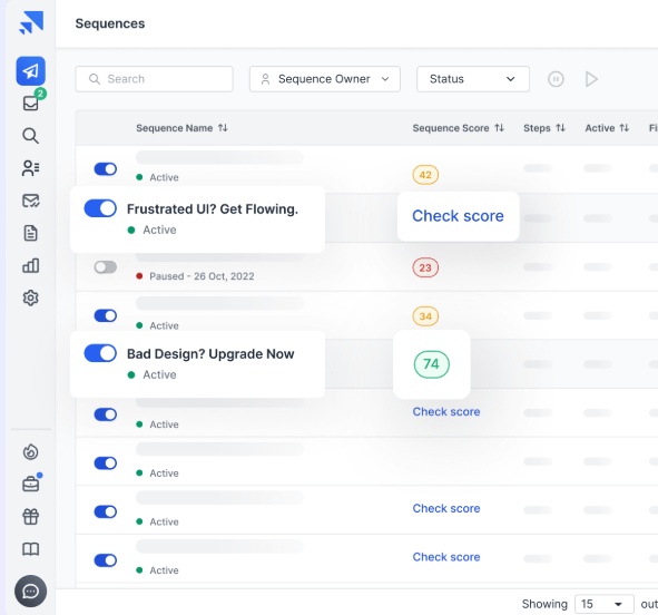 Dashboard showing email sequences and scores.