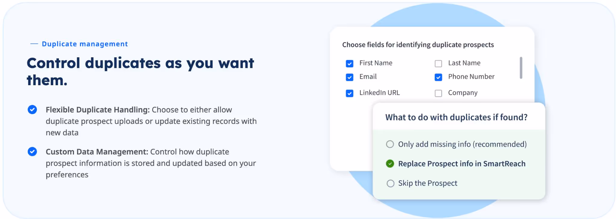 Screenshot of duplicate management settings with options to control duplicates and choose fields for identifying duplicate prospects.