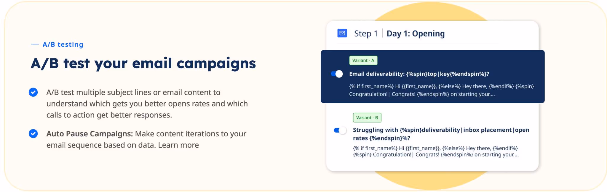 A/B testing interface showing different email variants and auto-pause campaign options.