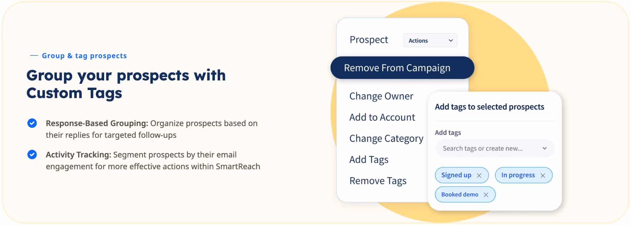 Screenshot of group and tag prospects feature with options to remove from campaign, change owner, add to account, change category, add tags, and remove tags.