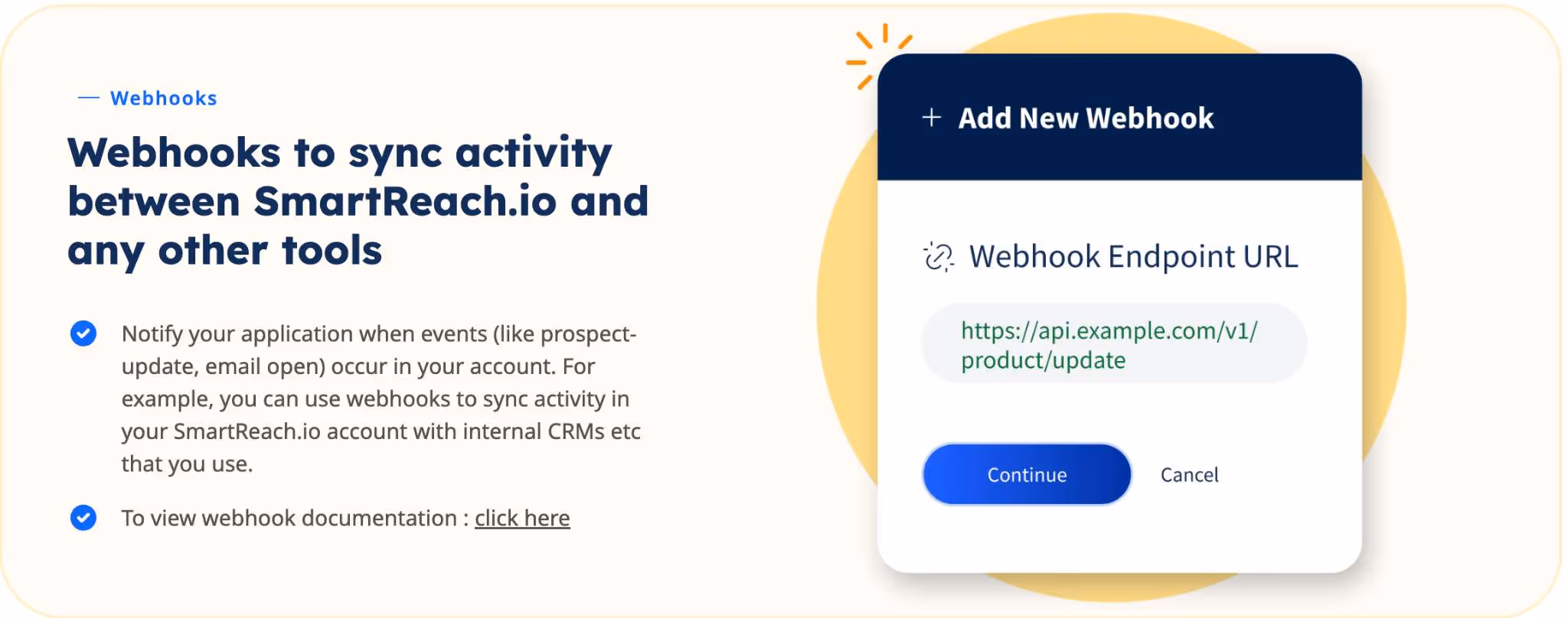Screenshot of webhooks feature for syncing activity between SmartReach.io and other tools, showing webhook endpoint URL and options to continue or cancel.