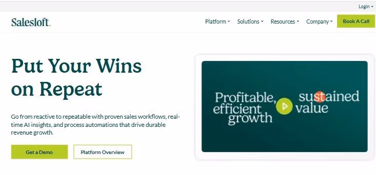 Salesloft homepage with the tagline 'Put Your Wins on Repeat'.