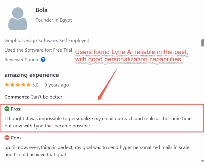 Positive review of Lyne AI highlighting its reliability and personalization capabilities