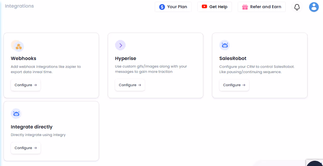 salesrobot's integrations page.