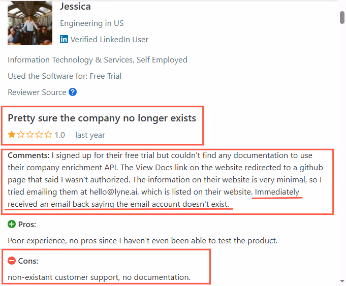 lyne review about company not existing