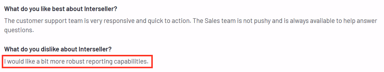 Negative user review of Ineterseller complaining that the reporting and analytics features need some work