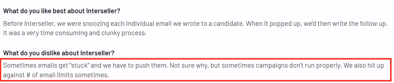 Negative user review of Ineterseller complaining that email campaigns don't run as they should and need manual intervention 