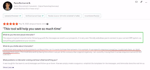 User review of Interseller saying that they could use the platform and follow-up with prospects easily 