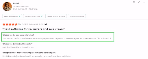 User review of Interseller saying that they could find emails easily and export them to their preferred CRMs