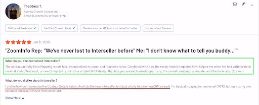 User review of Interseller saying that the activity heat mapping feature was good