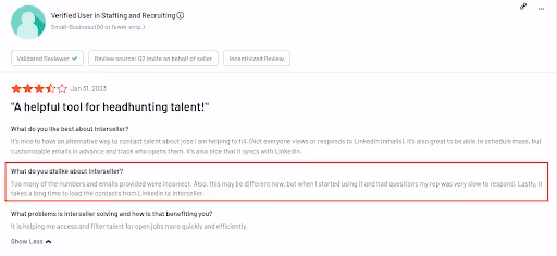 Negative user review of Ineterseller complaining that the email data was inaccurate