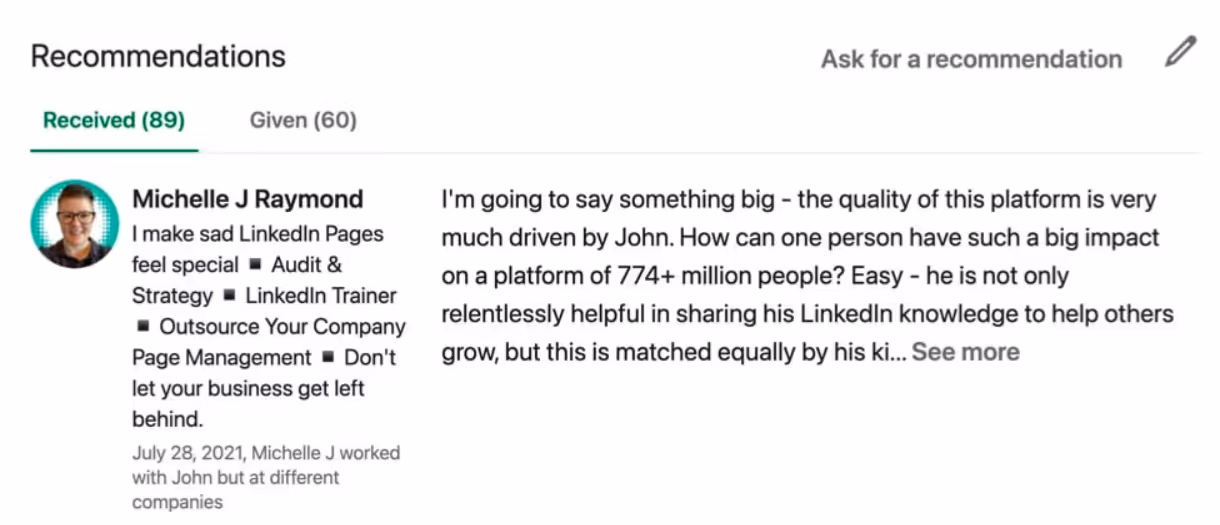 LinkedIn recommendation example