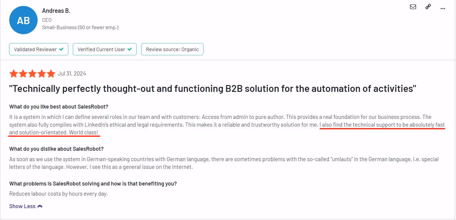 SalesRobot positive user review of customer support