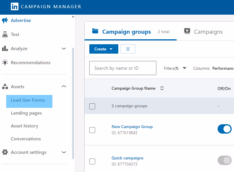 Lead gen forms option in Campaign Manager.