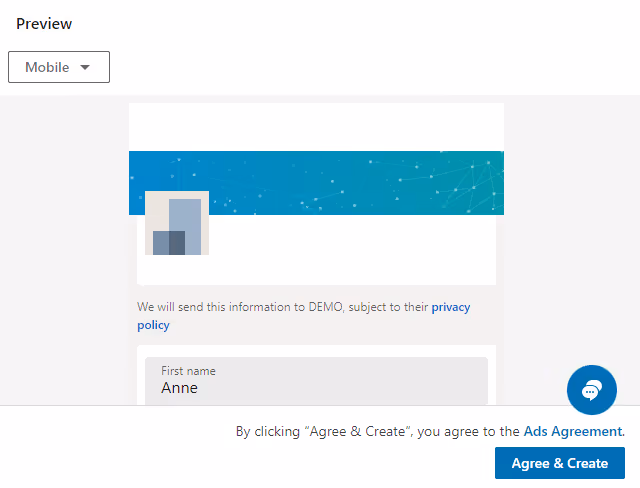 Lead gen form preview in Campaign Manager.