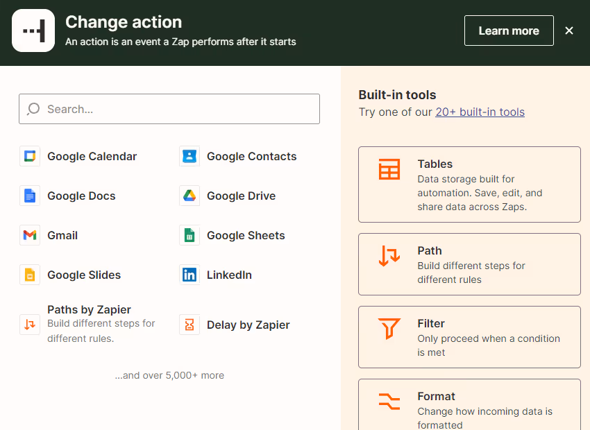 Different action apps in Zapier.