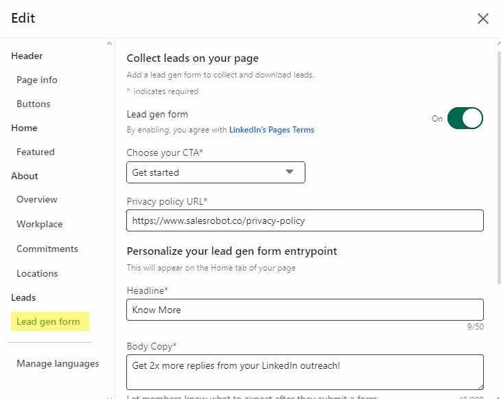 Lead gen form option on LinkedIn business page settings.