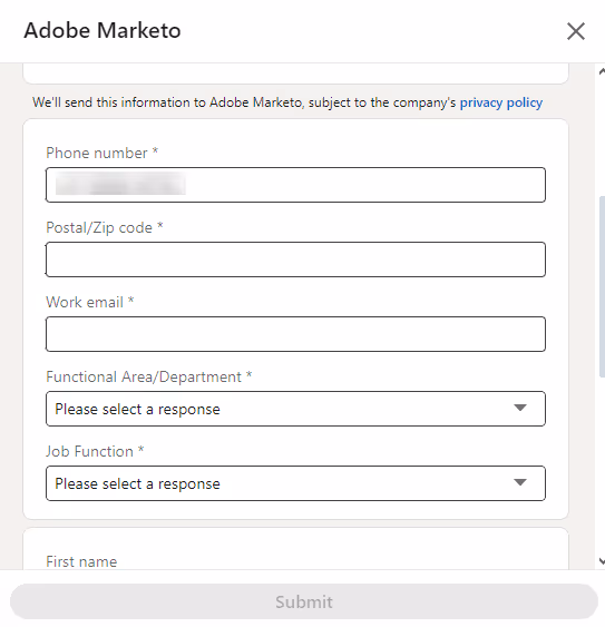 Adobe Marketo LinkedIn lead gen form.
