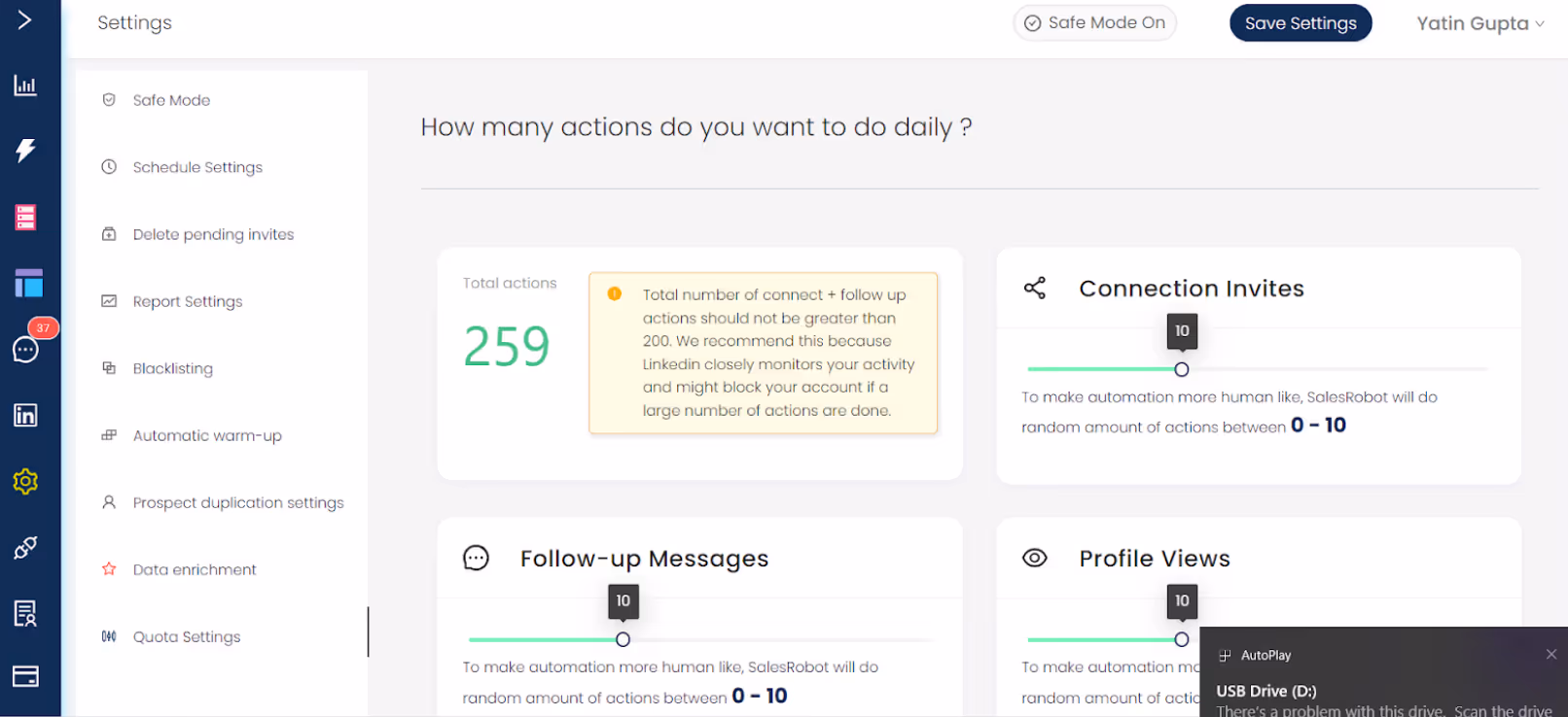 salesrobot safety settings