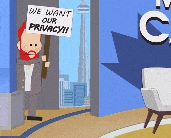 animated character holding a sign that reads "We want our privacy!!" in front of a cityscape background