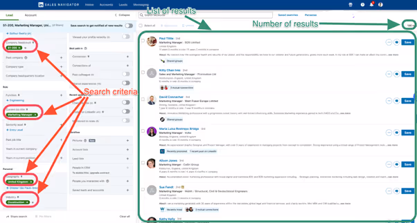 Annotated guide on search criteria, list of results and number of results on LinkedIn Sales Navigator