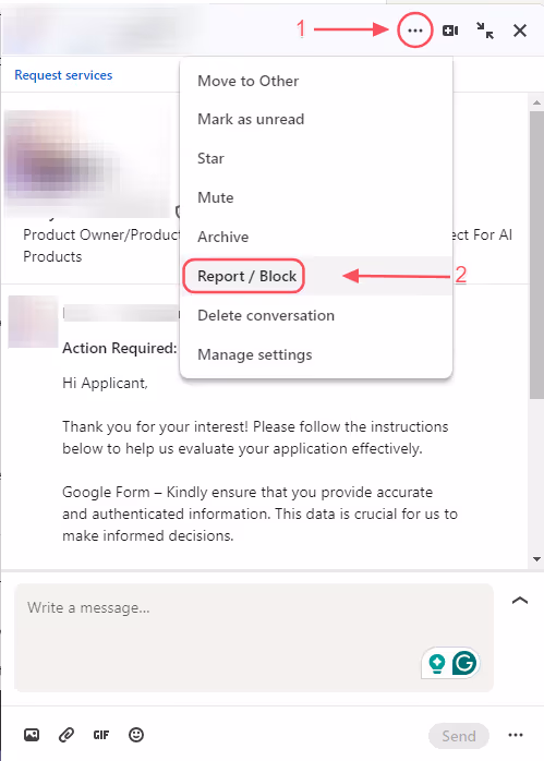Guide to reporting/blocking someone via the LinkedIn Private Messaging facility