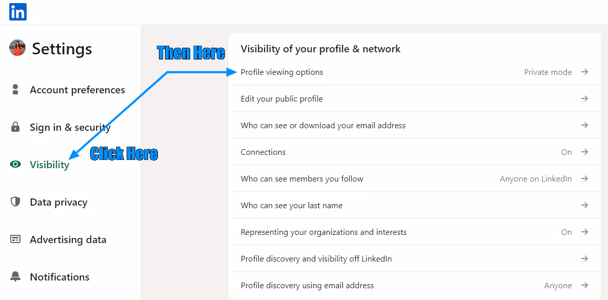 LinkedIn profile visibility settings.
