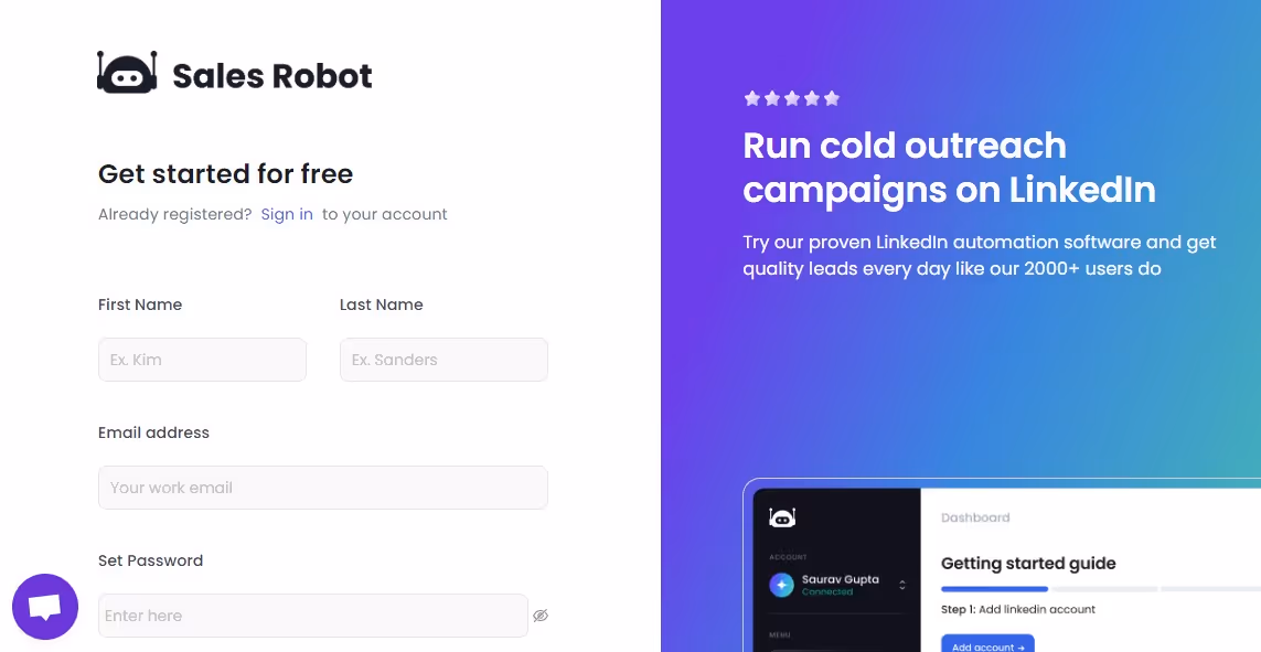 Sign up page Salesrobot.