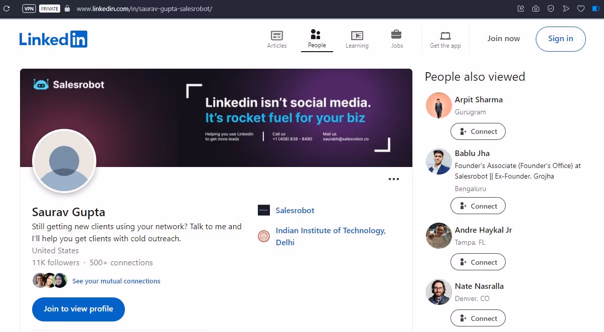 Saurav Gupta's LinkedIn profile viewing without logging in.