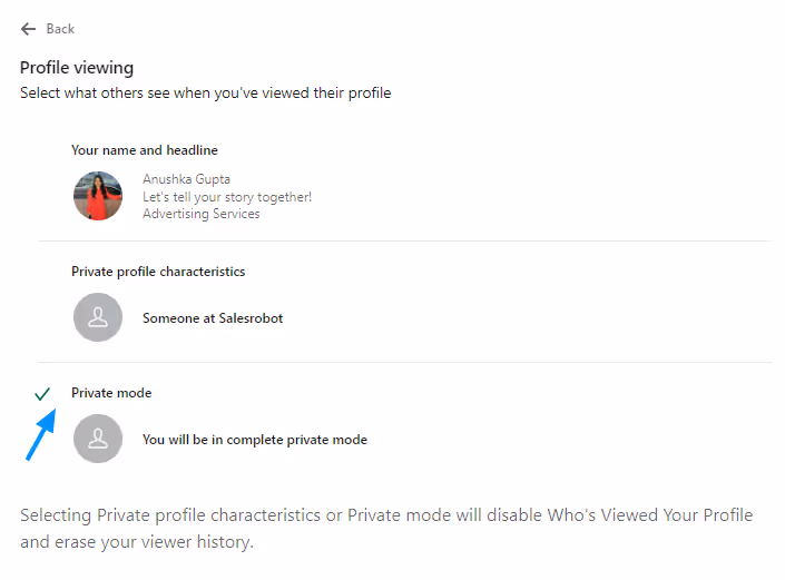 Profile viewing options on LinkedIn profile.