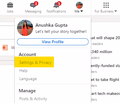 Settings and privacy option on LinkedIn profile page.