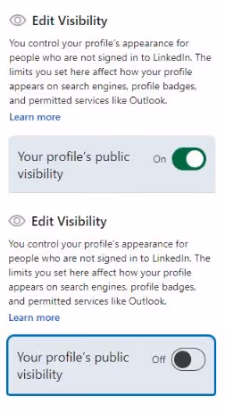 Edit profile's public visibility option on LinkedIn profile turned on.