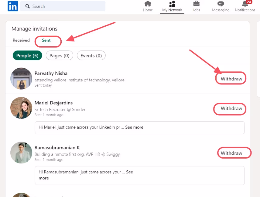 LinkedIn sent tab in my network