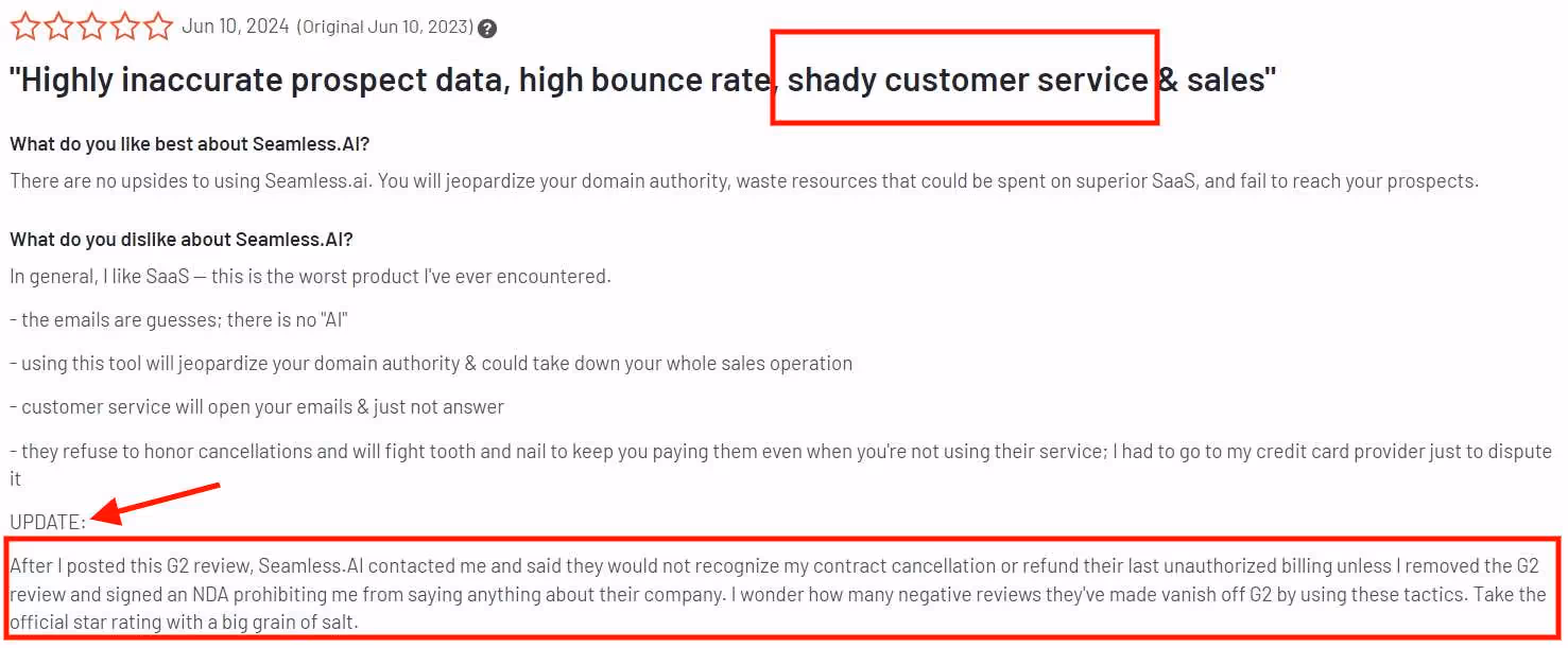 A Seamless AI review by an enraged customer claiming they tried to manipulate them to take their negative review back.