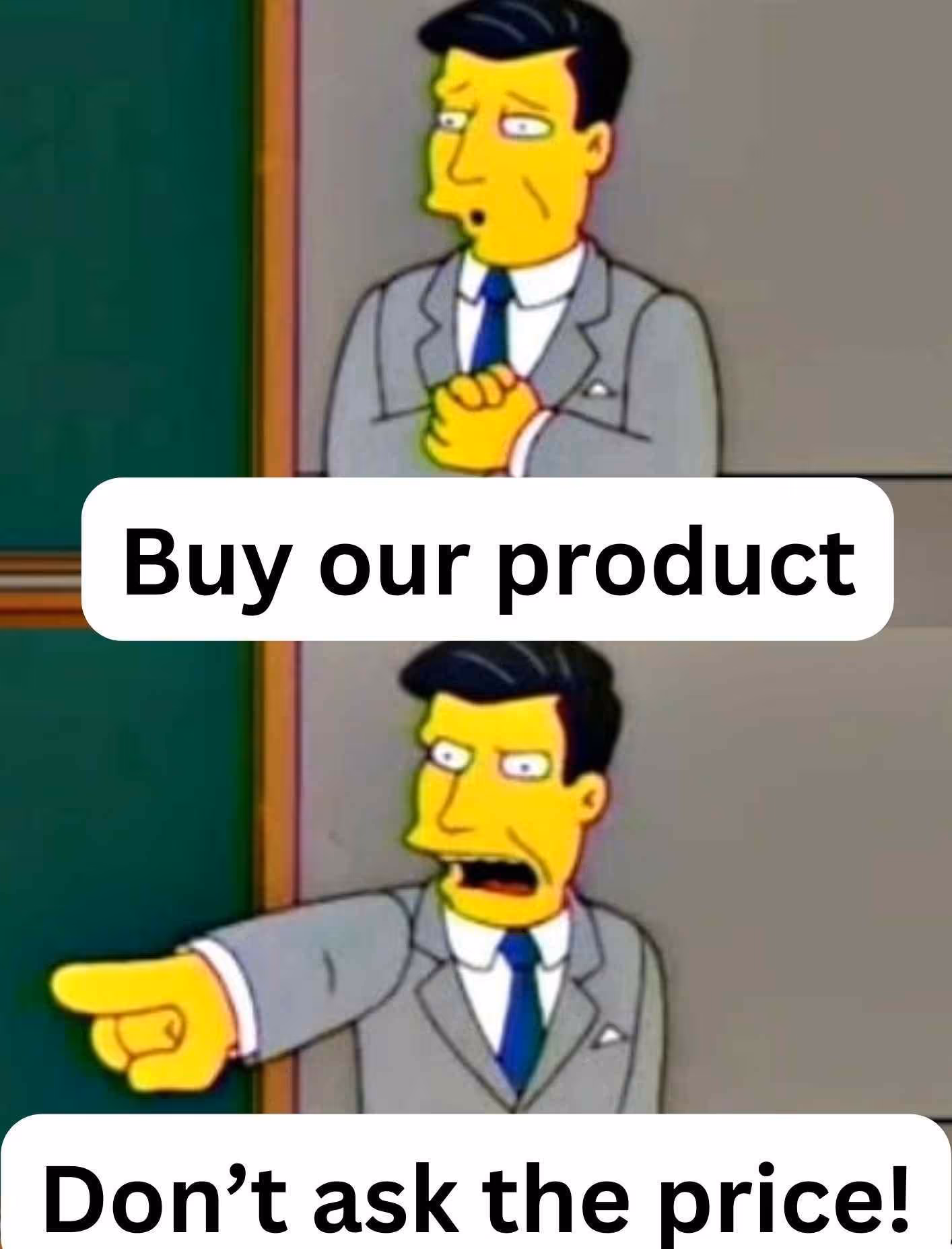 A meme saying buy our product.