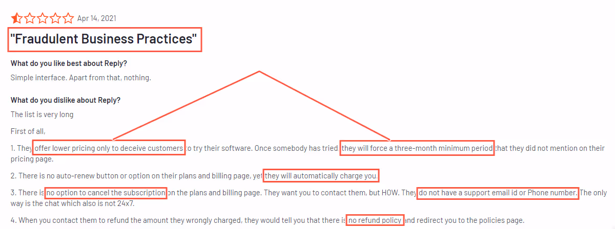 A negative review about Reply.io.