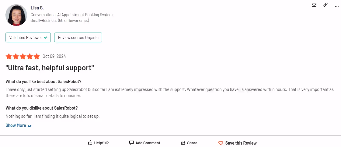 Screenshot of a SalesRobot review