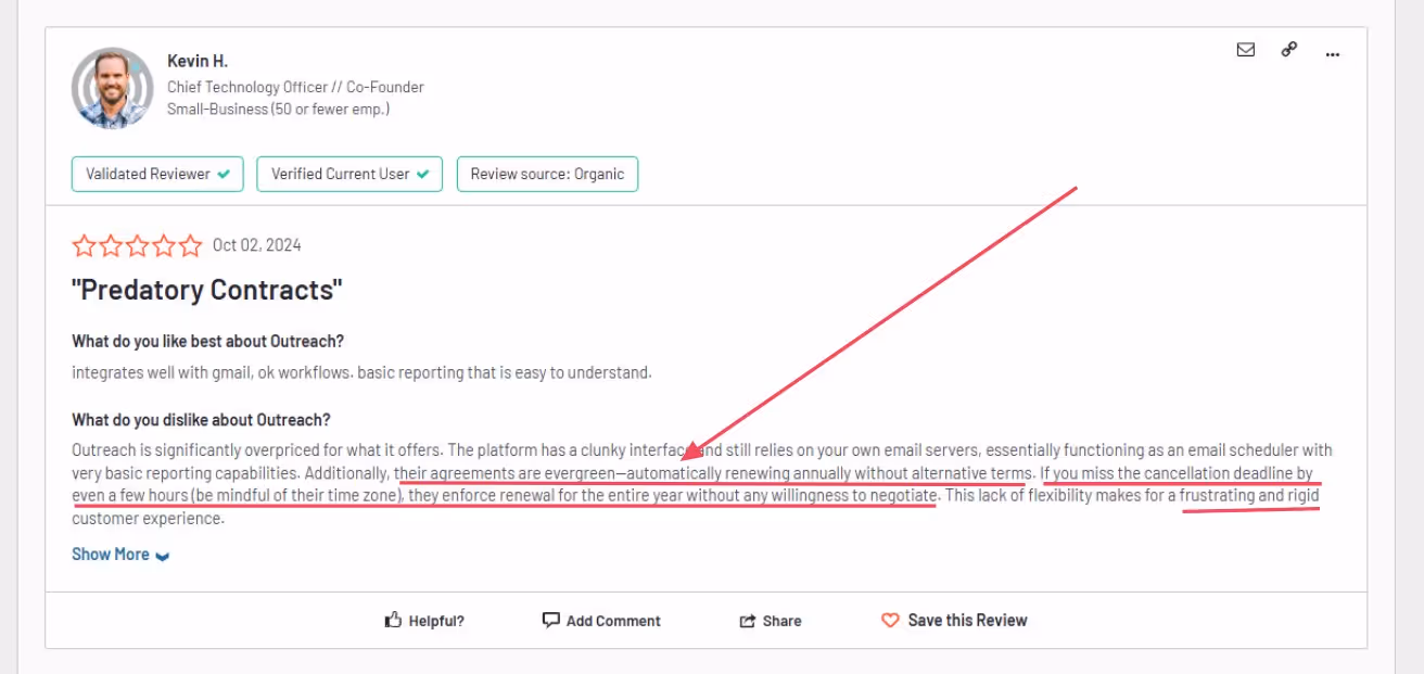 Customer review of Outreach criticizing predatory contracts.